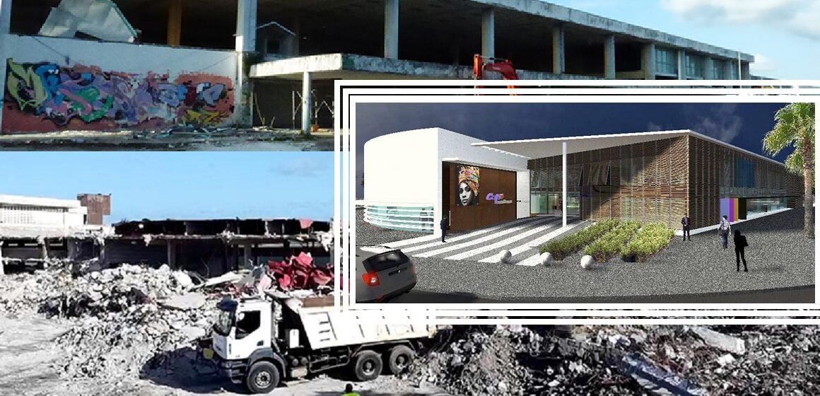 En fond, l'ancienne aérogare du Raizet détruite, dont le site doit accueillir le futur pôle technique de Cap excellence dont la vue de la maquette du projet est au centre. Photomontage : LCG