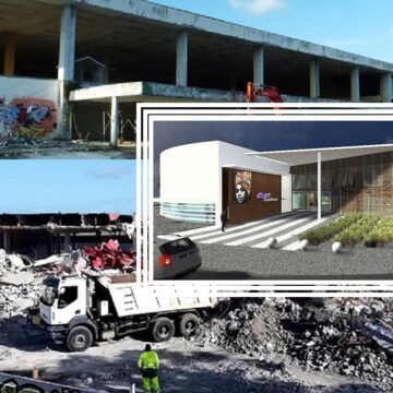 En fond, l'ancienne aérogare du Raizet détruite, dont le site doit accueillir le futur pôle technique de Cap excellence dont la vue de la maquette du projet est au centre. Photomontage : LCG En fond, l'ancienne aérogare du Raizet détruite, dont le site doit accueillir le futur pôle technique de Cap excellence dont la vue de la maquette du projet est au centre. Photomontage : LCG