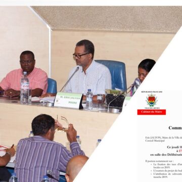 Éric Jalton en conseil municipal en 2019 à la mairie de Abymes. Photomontage avec le communiqué d’invitation à assister à l’assemblée.