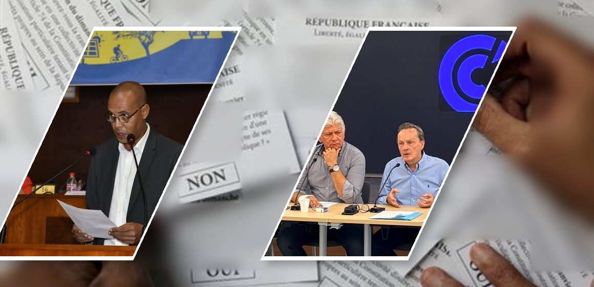 Photomontage : A gauche Christophe Wachter président du Ceser de Guadeloupe, à droite Victor Venutolo président de la CPME Guadeloupe et Bruno Blandin président du Medef Guadeloupe. Sur fond de bulletin de vote à un référendum.