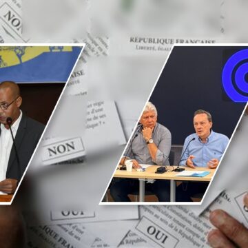 Photomontage : A gauche Christophe Wachter président du Ceser de Guadeloupe, à droite Victor Venutolo président de la CPME Guadeloupe et Bruno Blandin président du Medef Guadeloupe. Sur fond de bulletin de vote à un référendum. Photomontage : A gauche Christophe Wachter président du Ceser de Guadeloupe, à droite Victor Venutolo président de la CPME Guadeloupe et Bruno Blandin président du Medef Guadeloupe. Sur fond de bulletin de vote à un référendum.