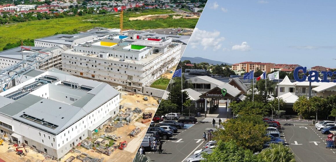 Photomontage : Chantier du nouveau CHU de la Guadeloupe et parking du plus grand centre commercial de l’archipel.