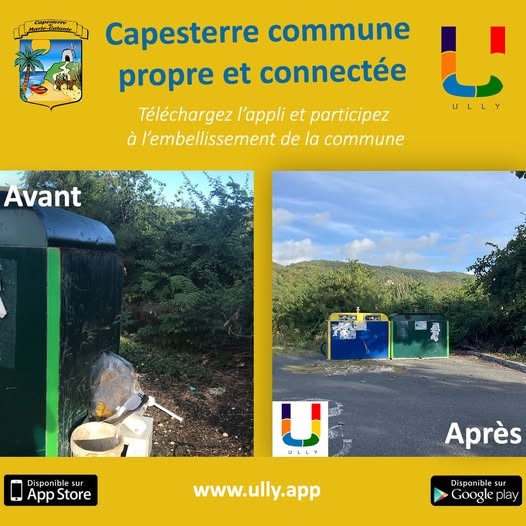 Capesterre de Marie-Galante partage une affiche avec photo Avant/Après d’un site pour promouvoir l’application Ully de signalement de dépôts sauvages. 